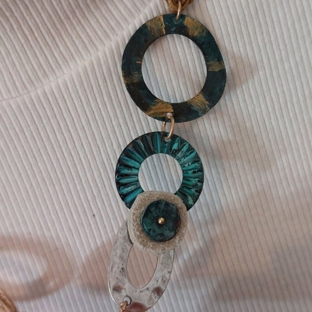 Boho Rustic Faux Patina Hammered Gold Teal Necklace - Picture 5 of 6
